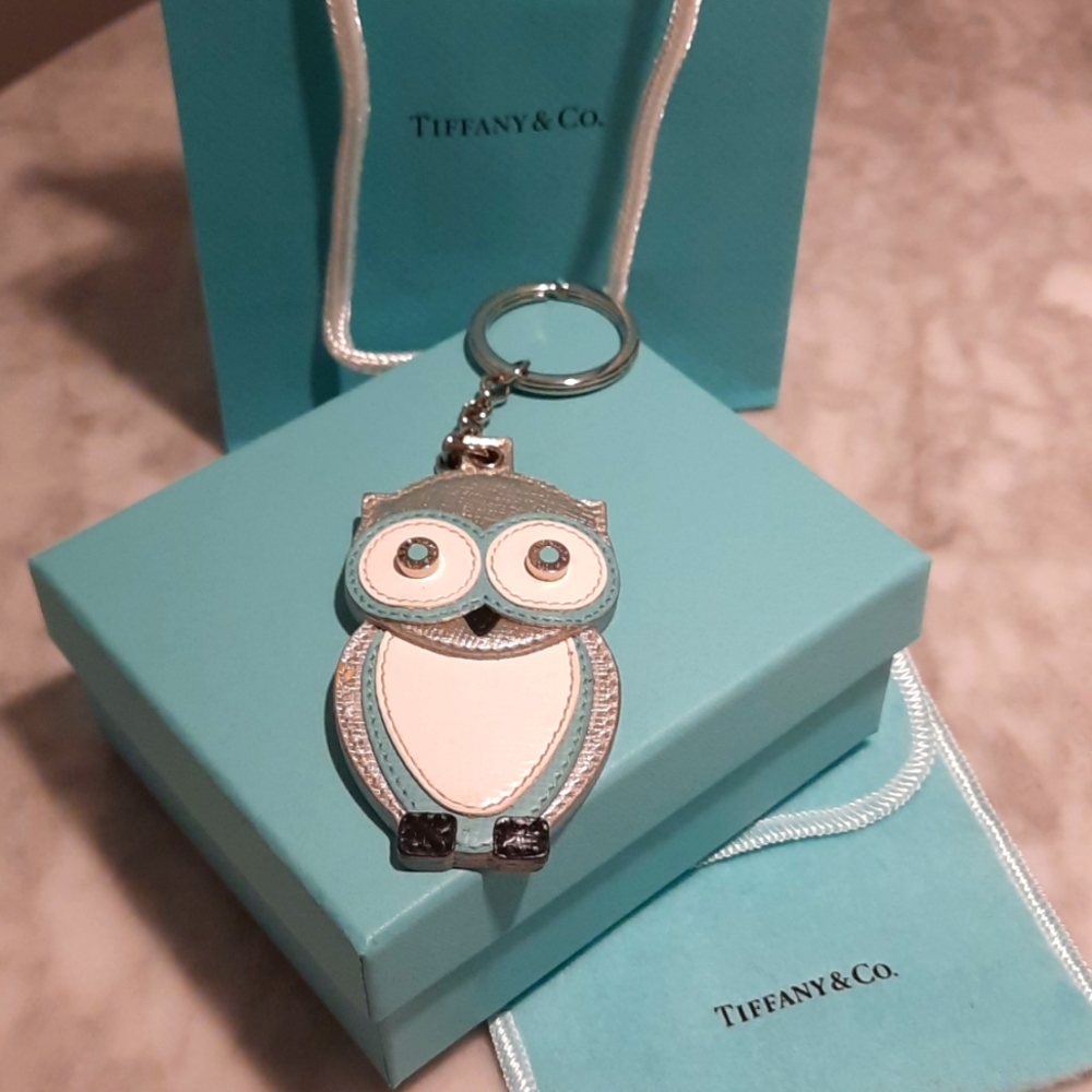 Owl key chain in Tiffany Blue and silver grain leather with 925 silver accents